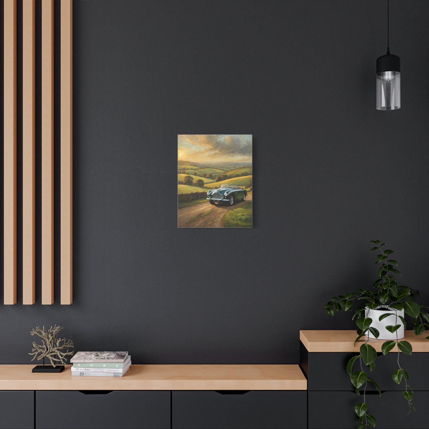 Vintage Car Landscape Canvas featuring a scenic car countryside view with rolling hills