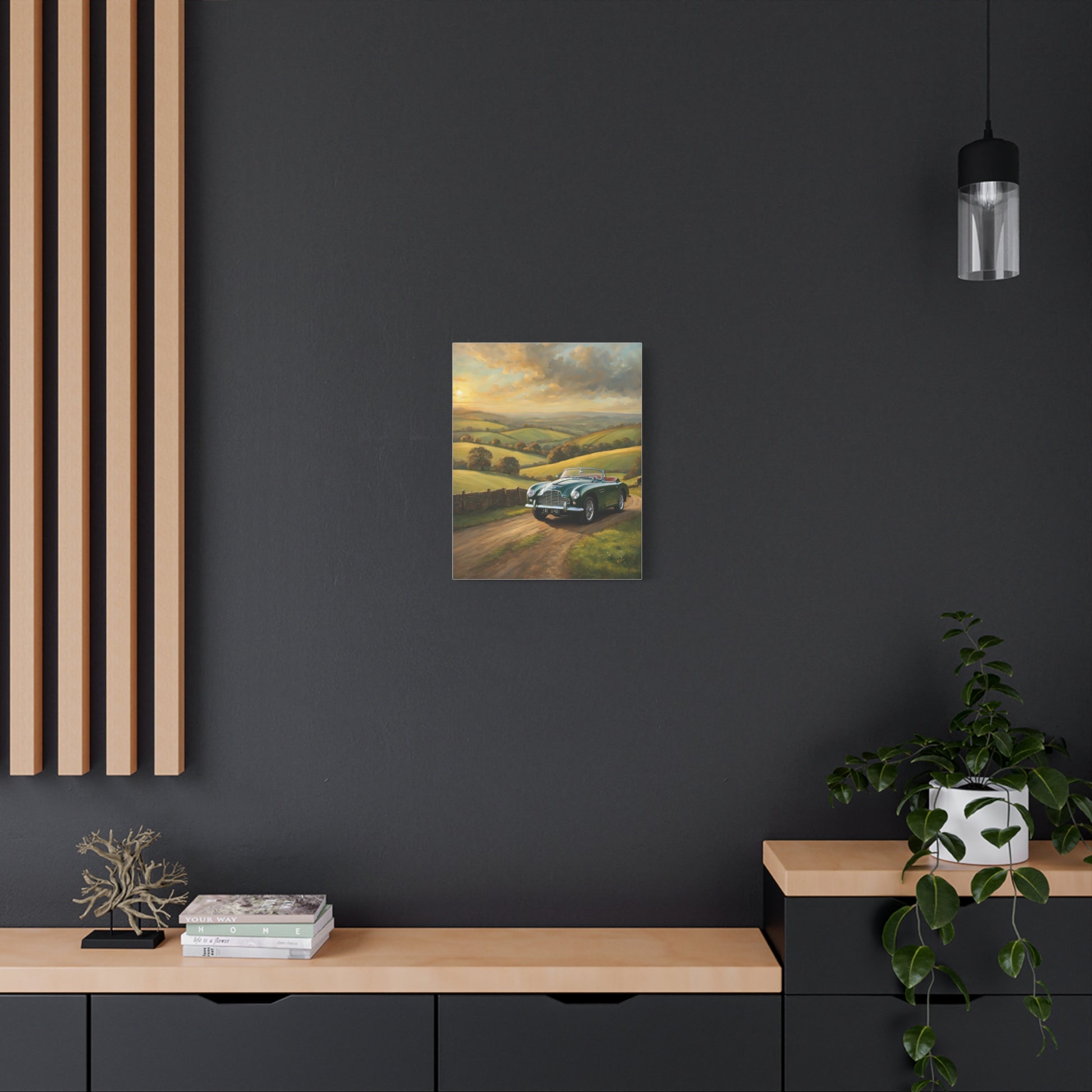 Vintage Car Landscape Canvas featuring a scenic car countryside view with rolling hills