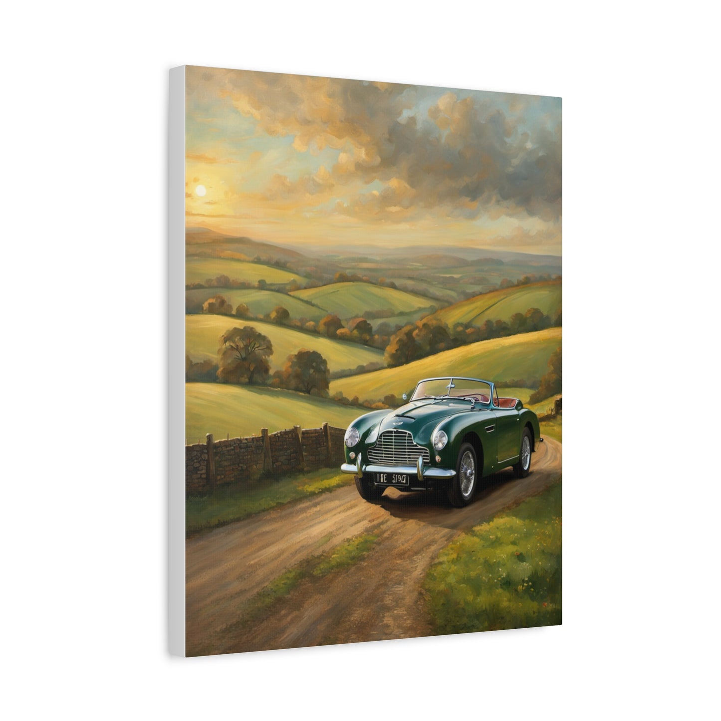 Vintage Car Landscape Canvas depicting a classic convertible on a scenic countryside road
