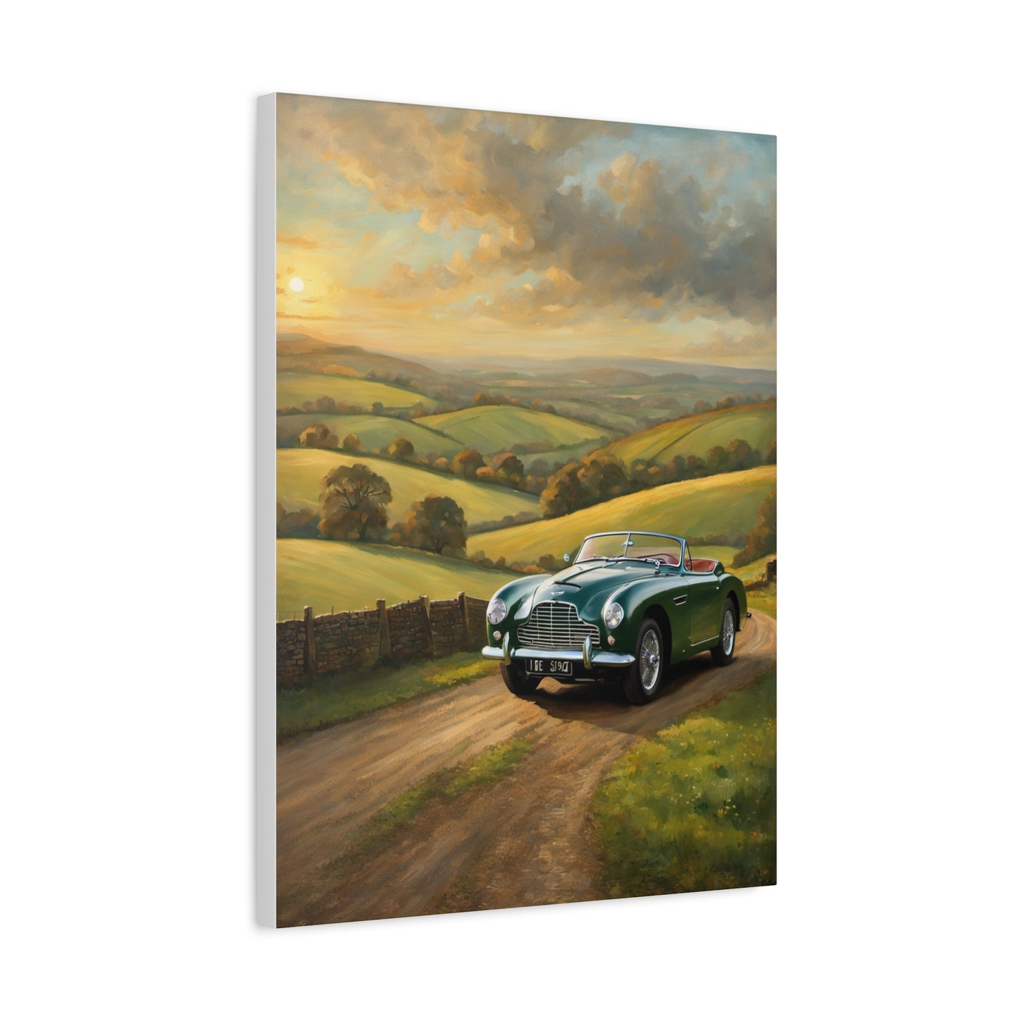 Vintage Car Landscape Canvas featuring a classic car on a scenic country road at sunset