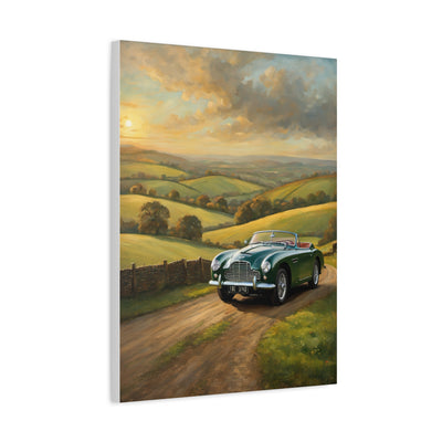 Vintage Car Landscape Canvas featuring a classic car on a scenic country road at sunset