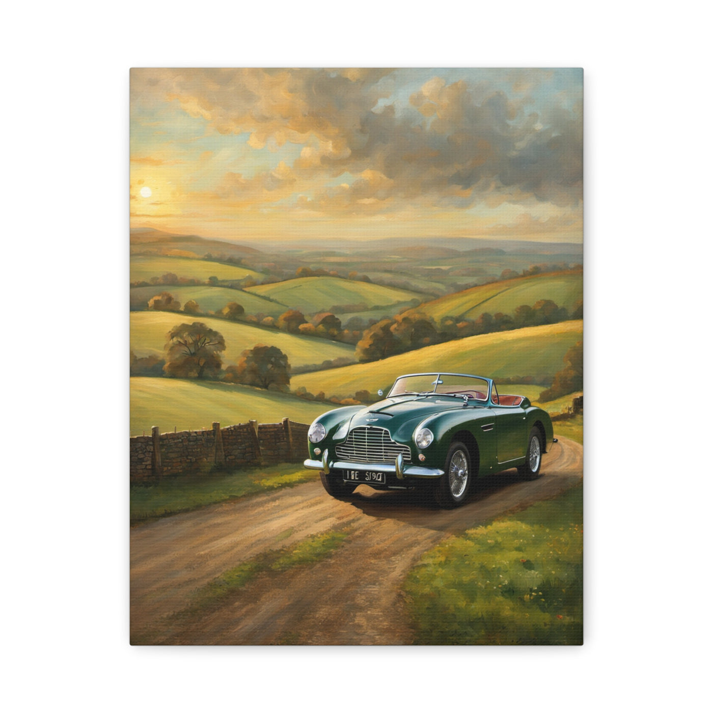 Vintage Car Landscape Canvas featuring a nostalgic green car on a scenic countryside road