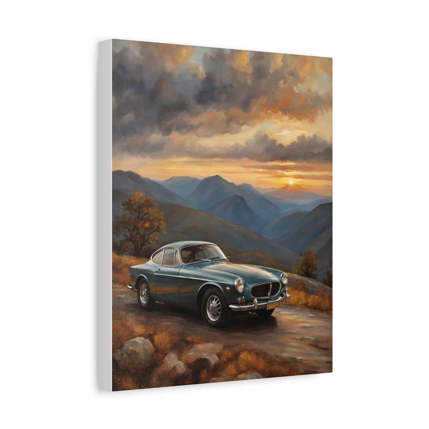 Vintage Car Landscape Canvas featuring a classic car on a scenic mountain road at sunset