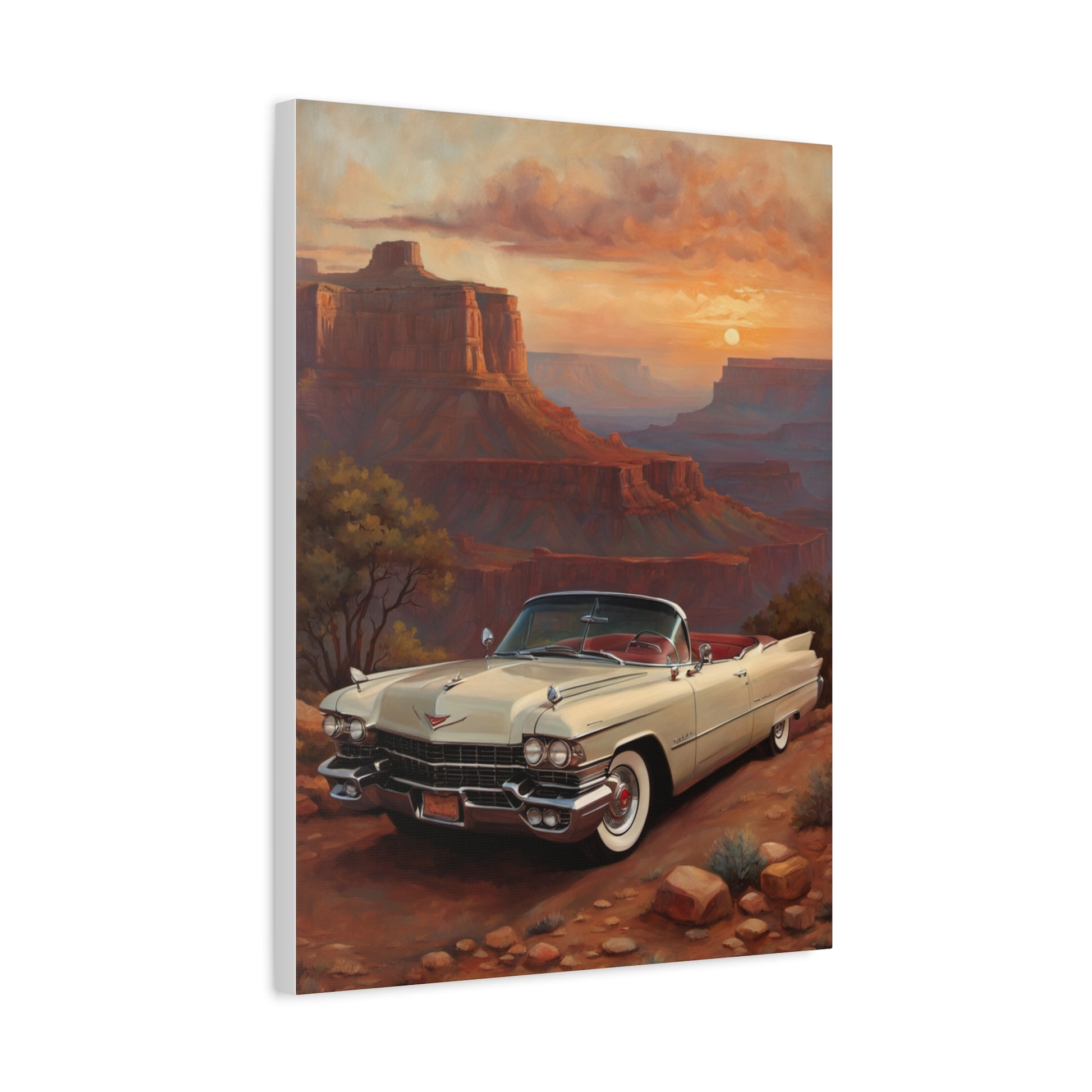 Vintage Car Landscape Canvas Wall Art featuring a classic car in a desert setting at sunset