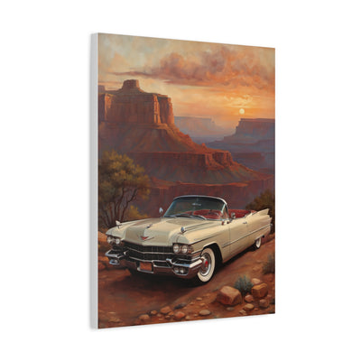 Vintage Car Landscape Canvas Wall Art featuring a classic car in a desert setting at sunset