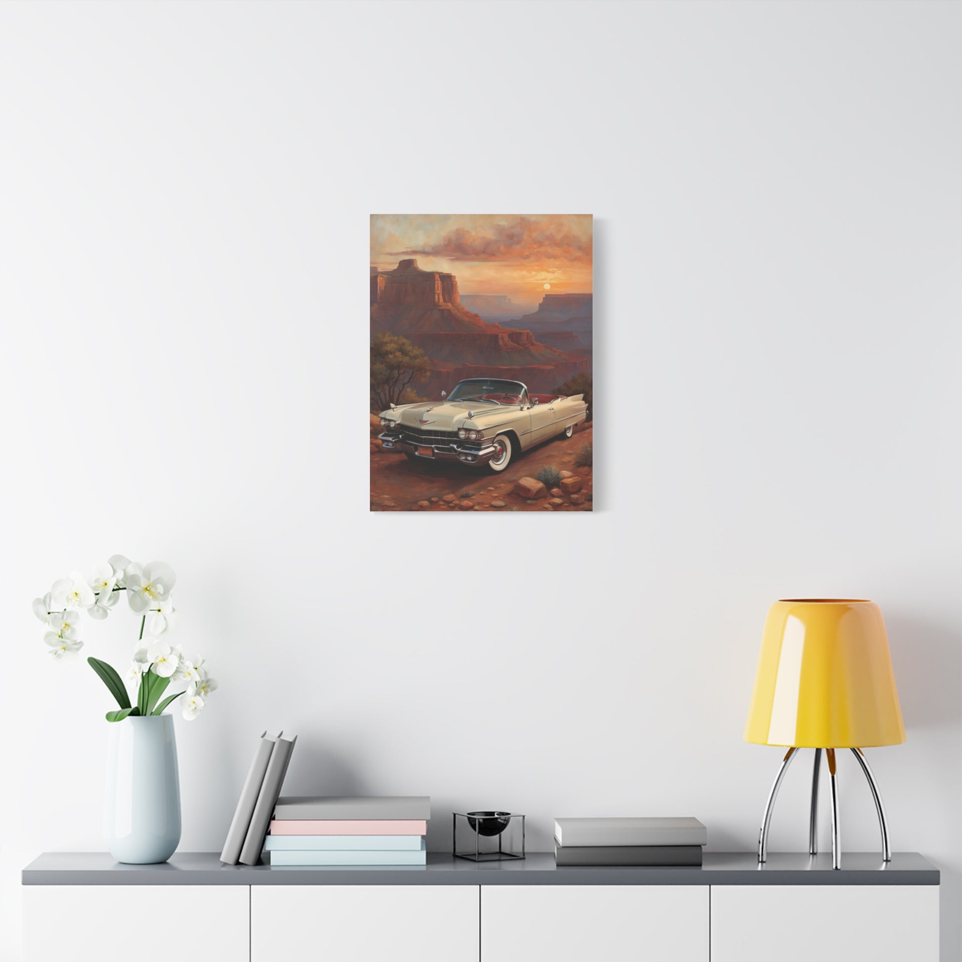 Vintage Car Landscape Canvas Wall Art featuring a old car against a scenic backdrop