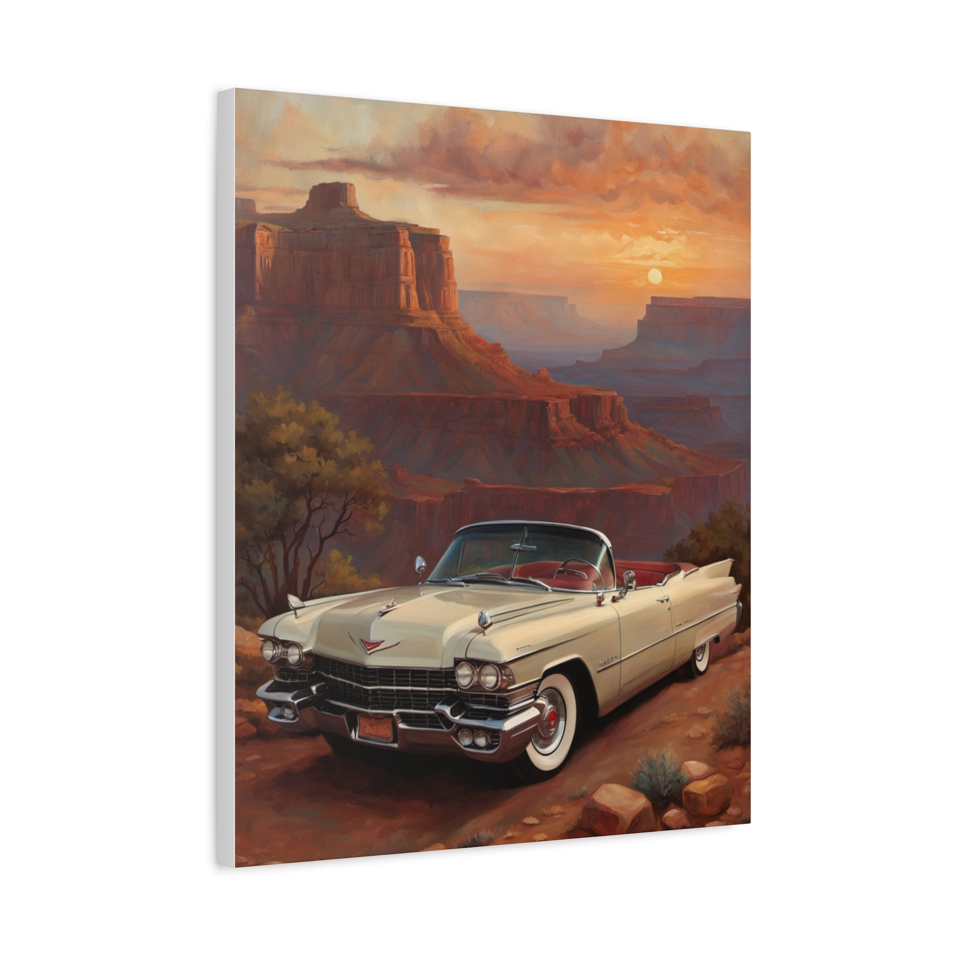 Vintage Car Landscape Canvas Wall Art featuring a classic convertible in a canyon at sunset