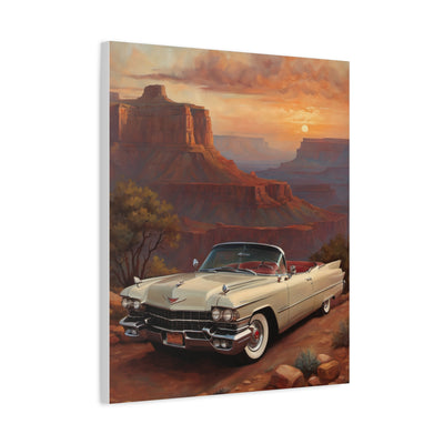 Vintage Car Landscape Canvas Wall Art featuring a classic convertible in a canyon at sunset