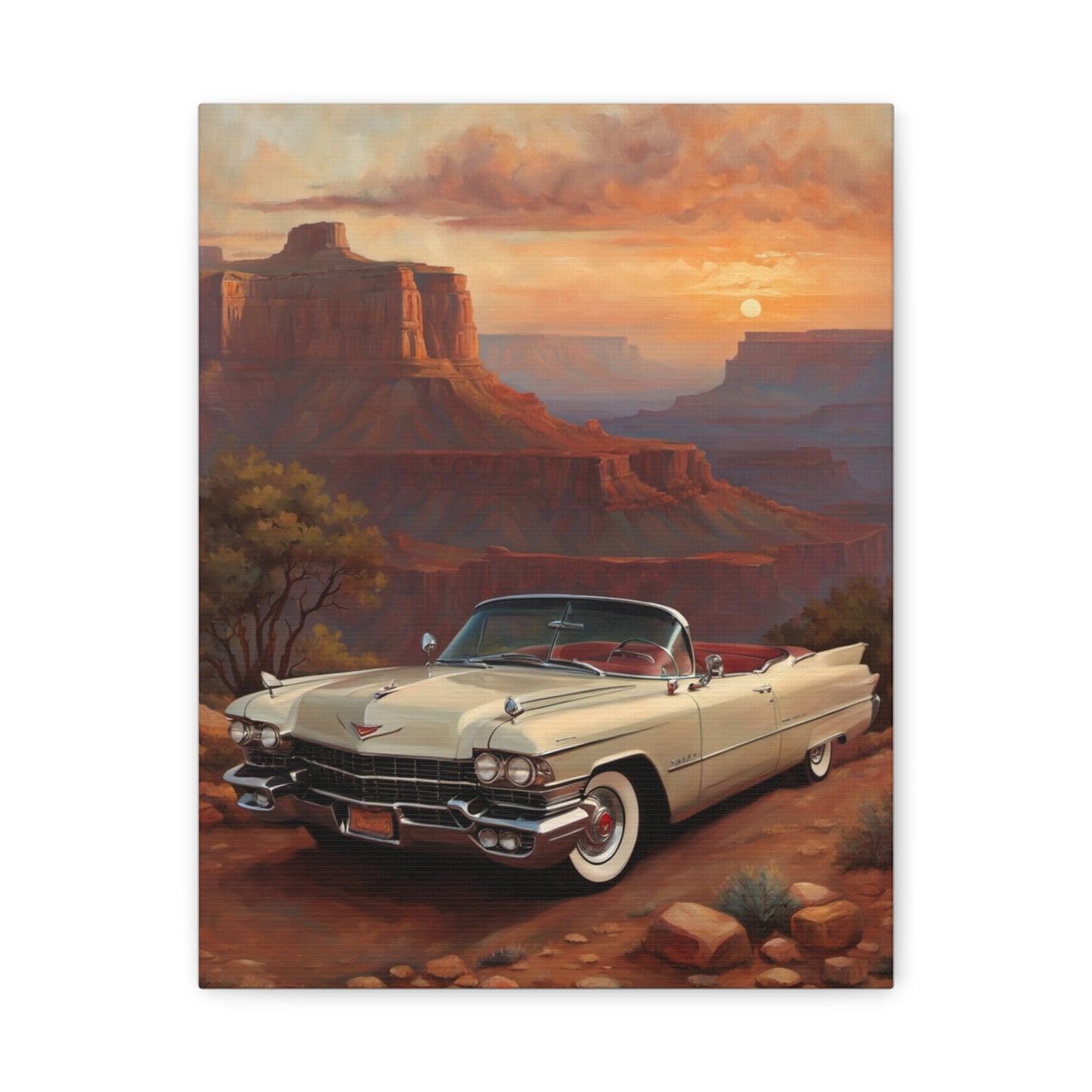 Vintage Car Landscape Canvas Wall Art featuring a classic Cadillac against a stunning sunset backdrop