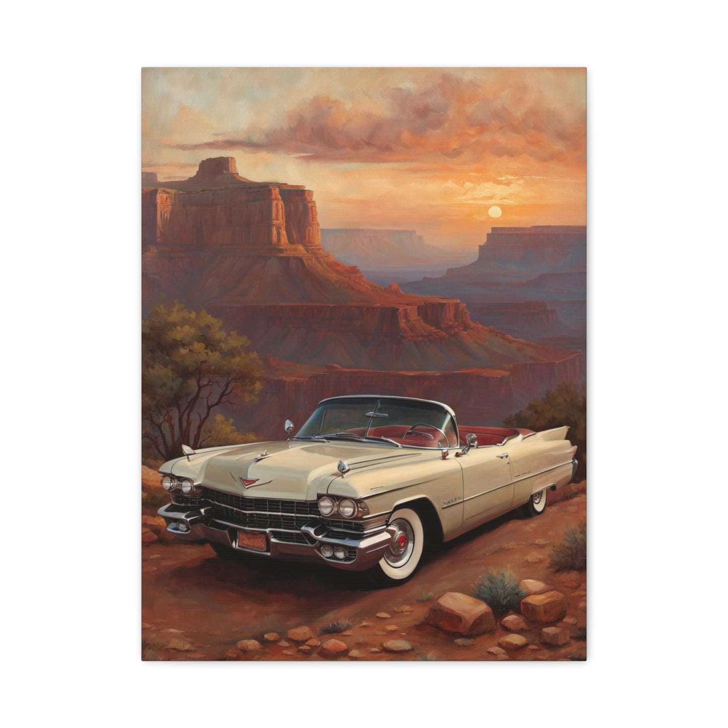 Vintage Car Landscape Canvas Wall Art featuring a old car in a desert setting at sunset