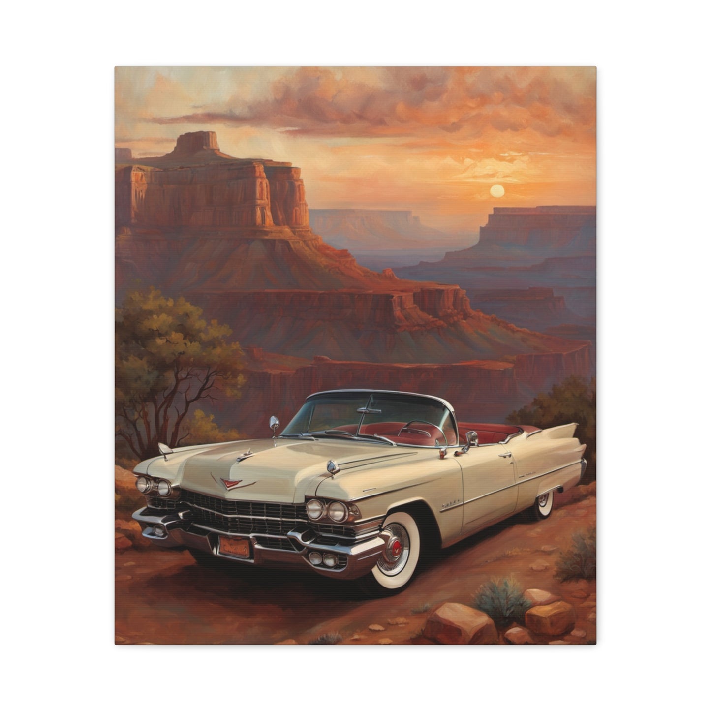 Vintage Car Landscape Canvas Wall Art featuring a classic car at sunset in a canyon setting
