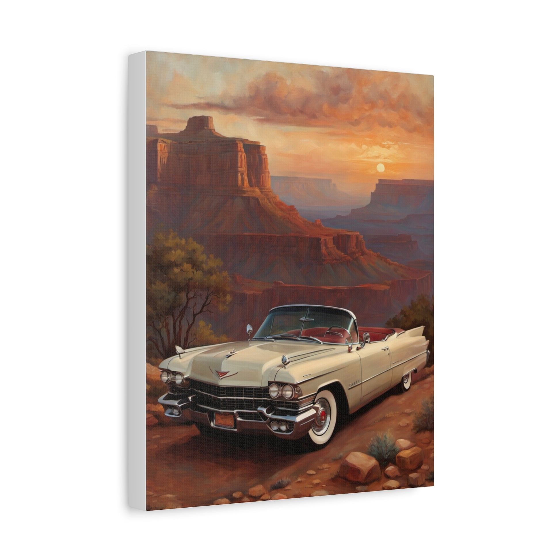 Vintage Car Landscape Canvas Wall Art featuring a classic white convertible in a desert scene