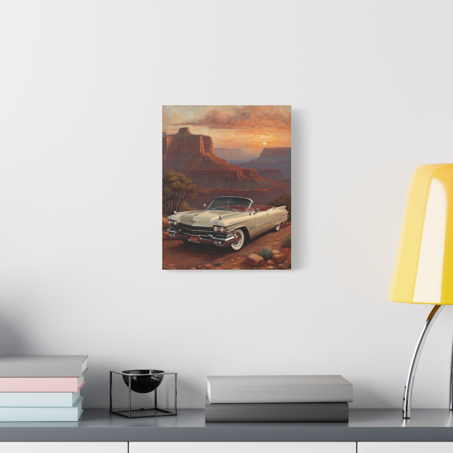 Vintage Car Landscape Canvas Wall Art featuring a classic car against a canyon backdrop