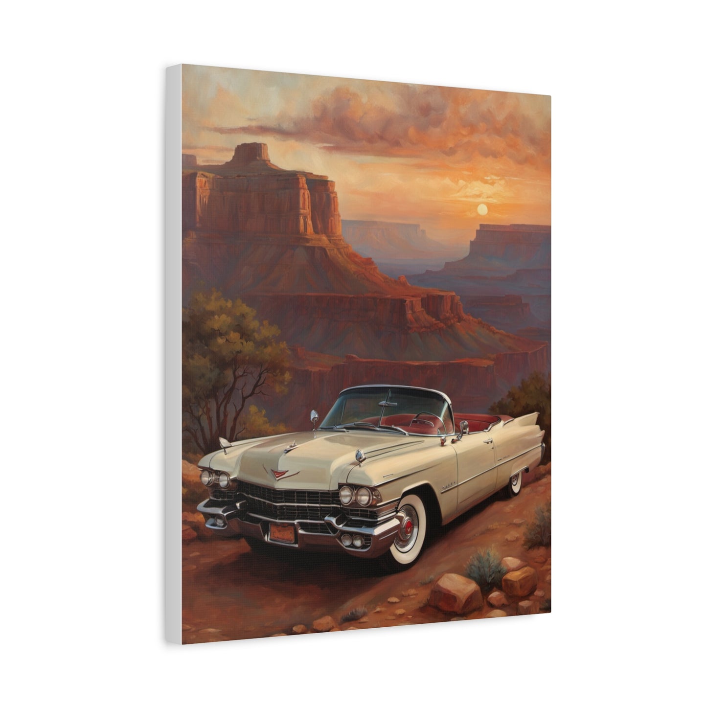 Vintage Car Landscape Canvas Wall Art featuring a classic car in a stunning desert setting