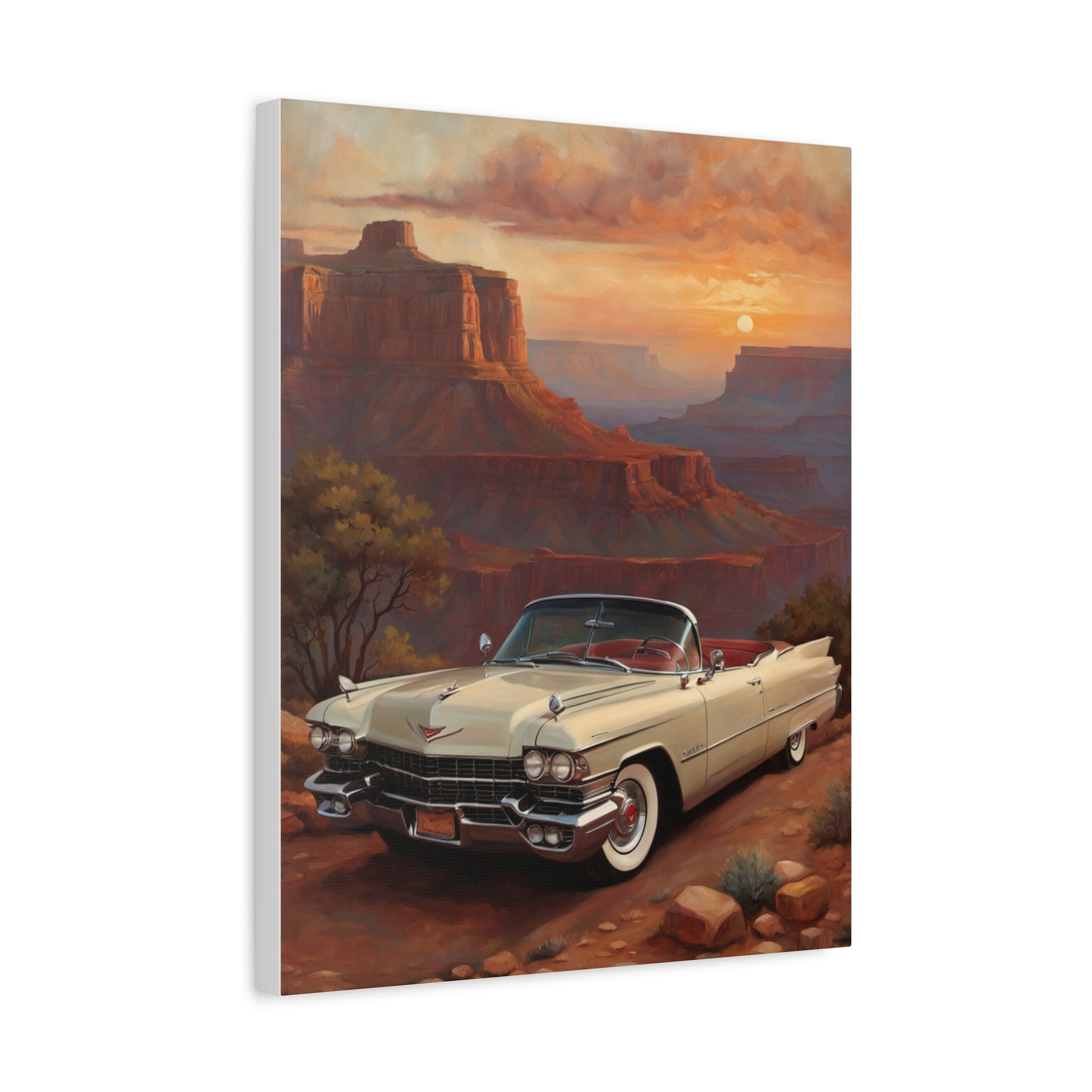 Vintage Car Landscape Canvas Wall Art featuring a classic car in a stunning desert setting