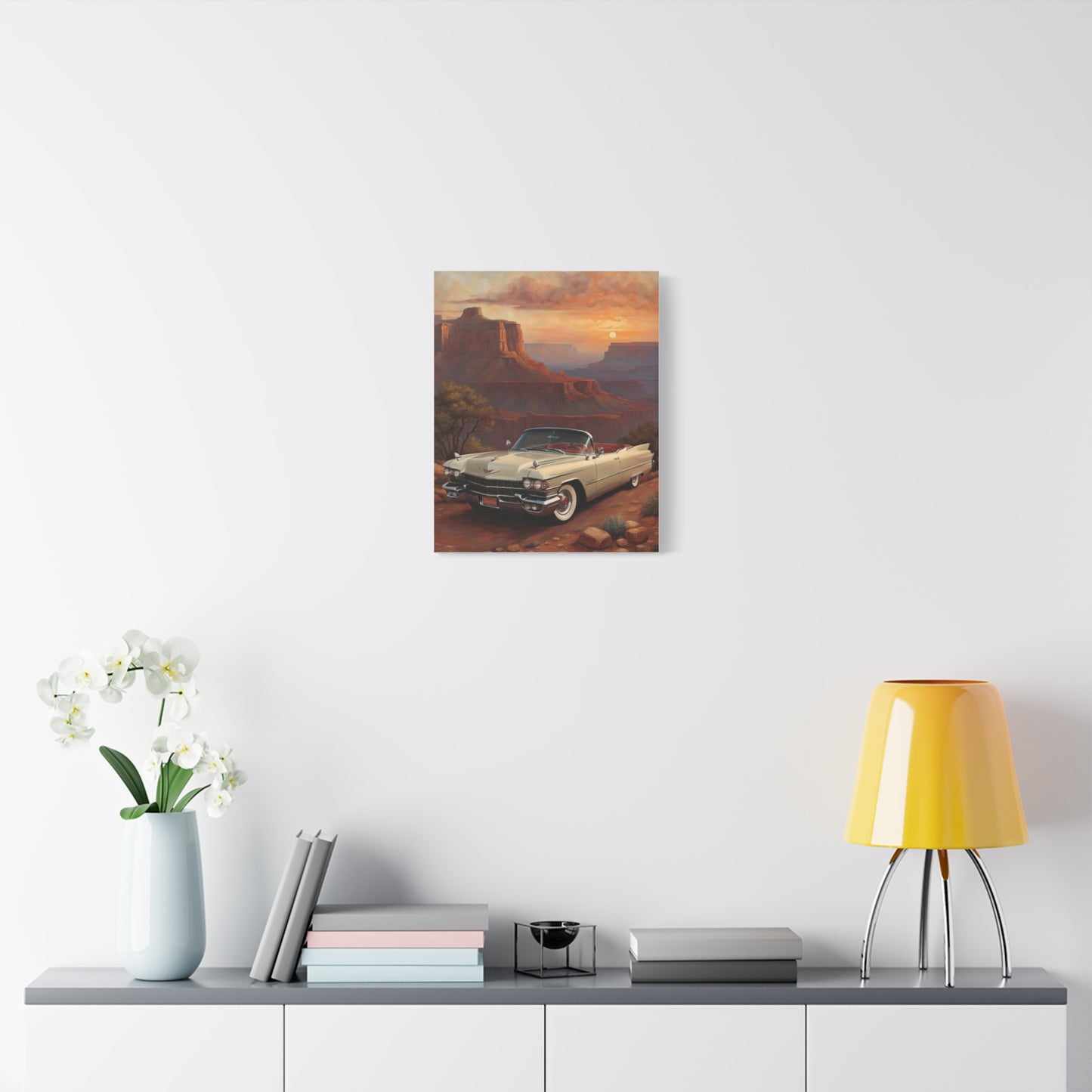 Vintage Car Landscape Canvas Wall Art featuring a classic car against a serene sunset backdrop