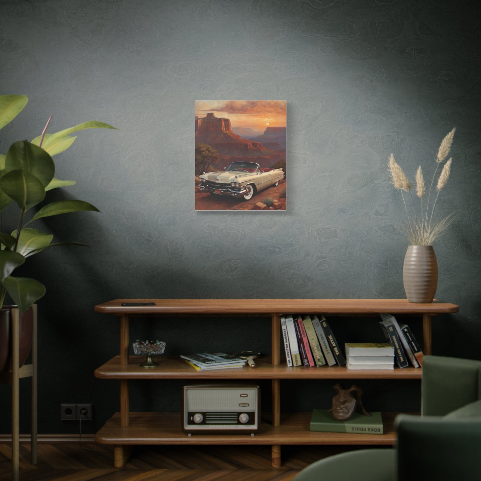 Vintage Car Landscape Canvas Wall Art featuring a classic car against a stunning sunset backdrop