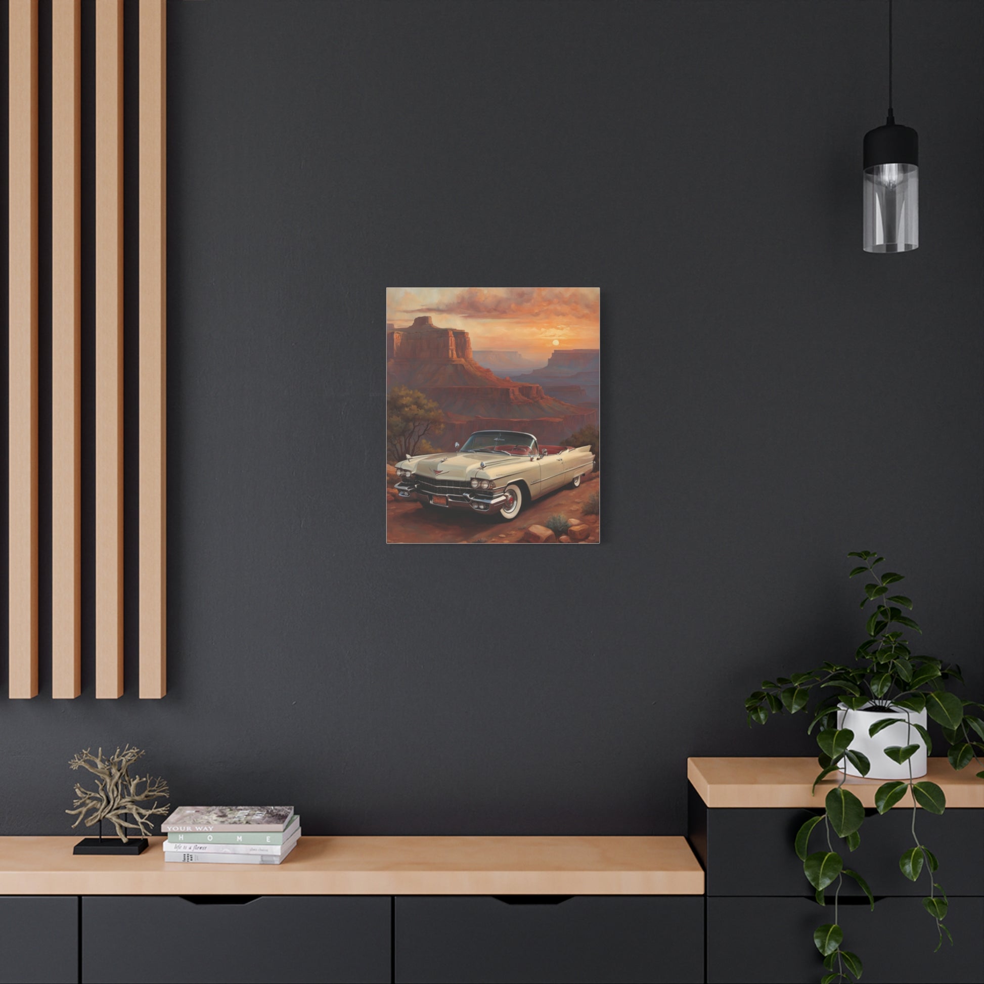 Vintage Car Landscape Canvas Wall Art featuring a classic car against a scenic background
