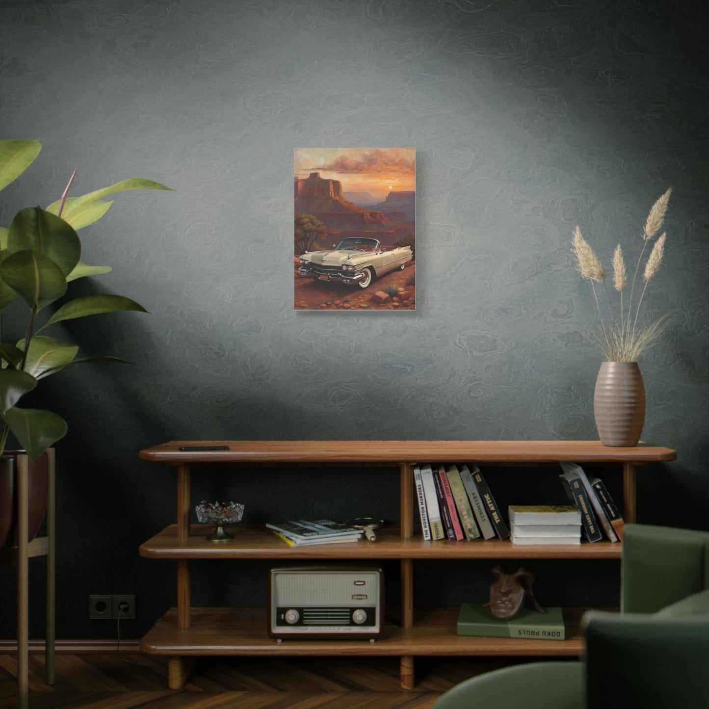 Vintage Car Landscape Canvas Wall Art displayed on a modern living room wall with plants and decor