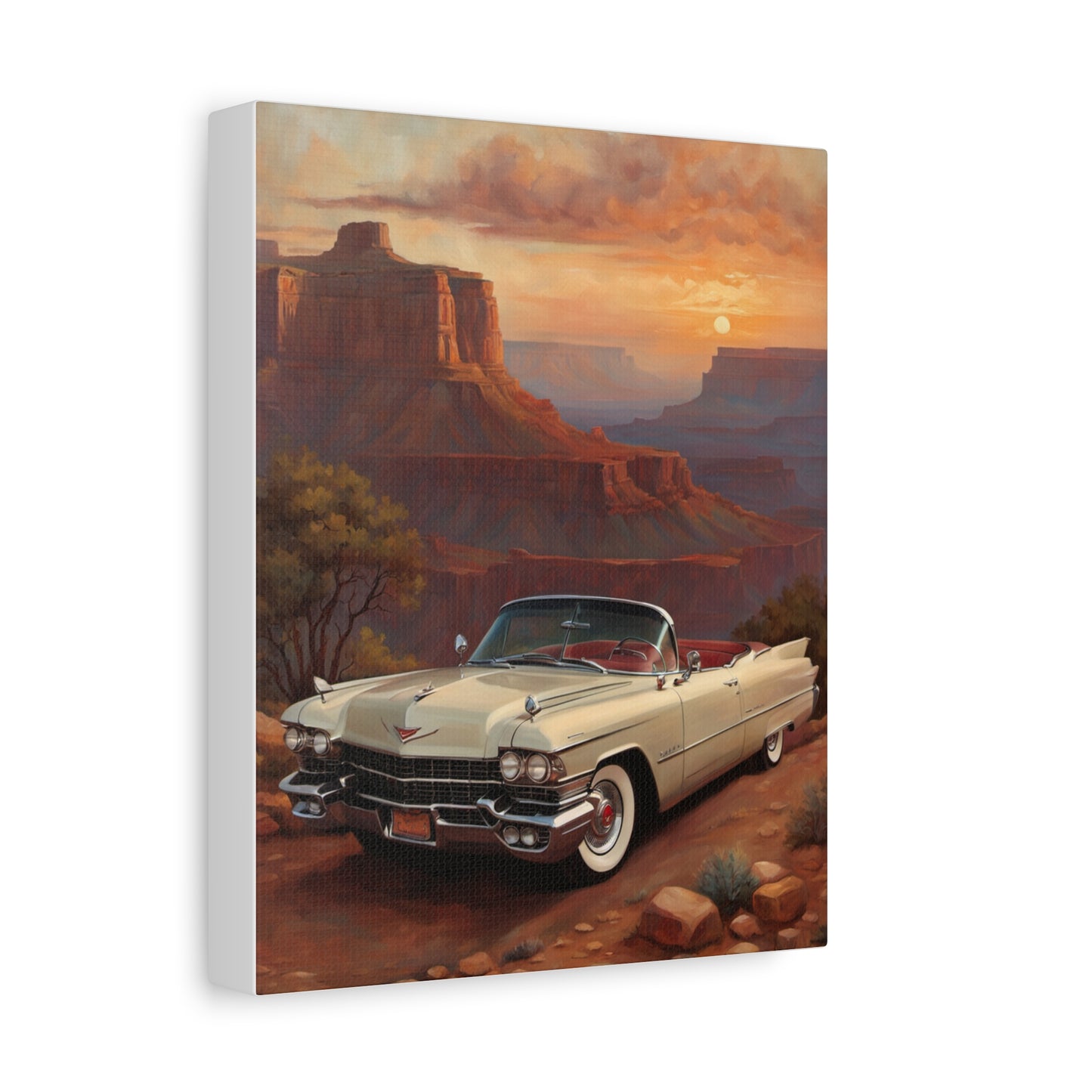Vintage Car Landscape Canvas Wall Art featuring a classic car in a scenic desert setting