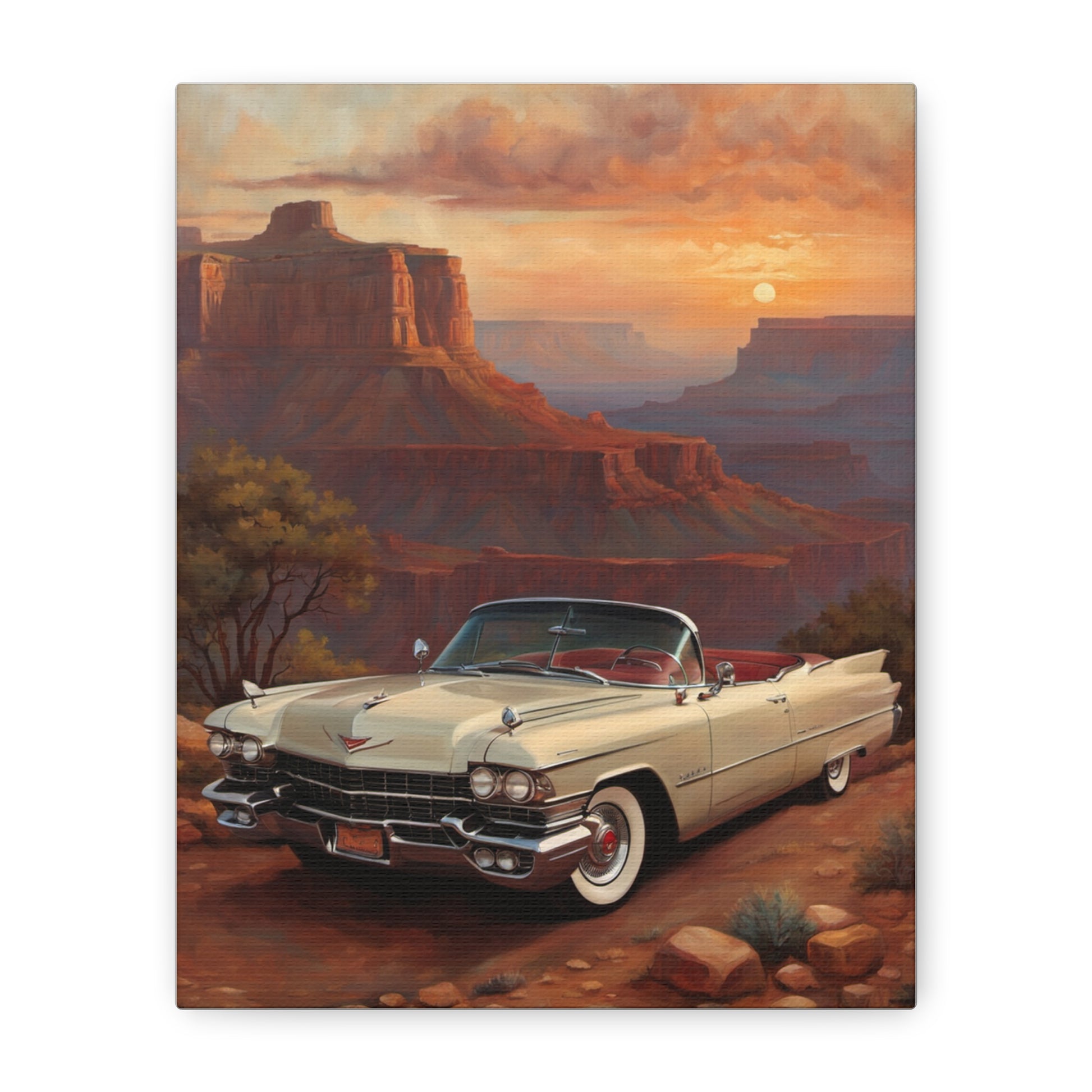 Vintage Car Landscape Canvas Wall Art featuring a classic white convertible against a sunset backdrop