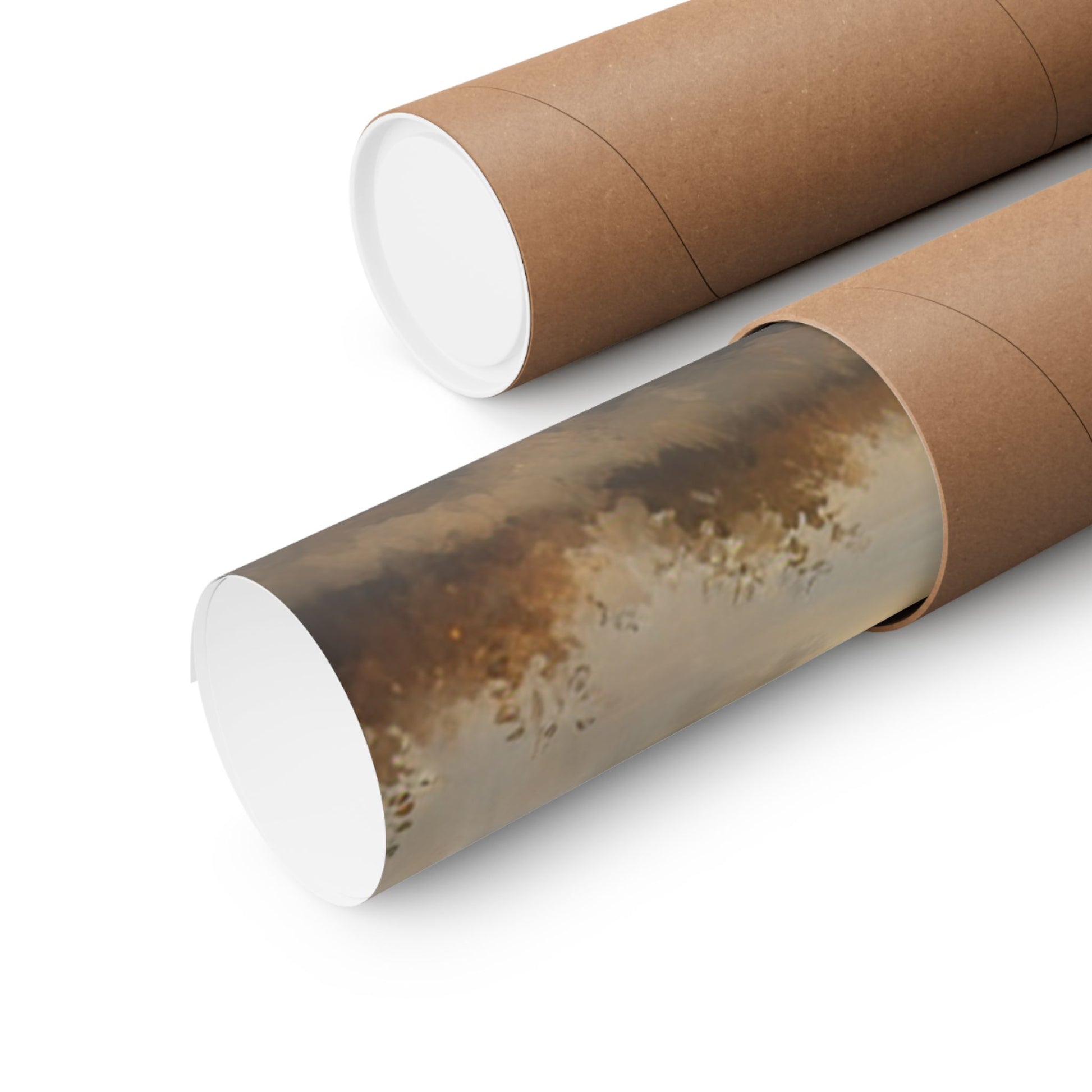 Vintage Car Landscape Poster rolled in a protective tube, showcasing classic car features and scenic background