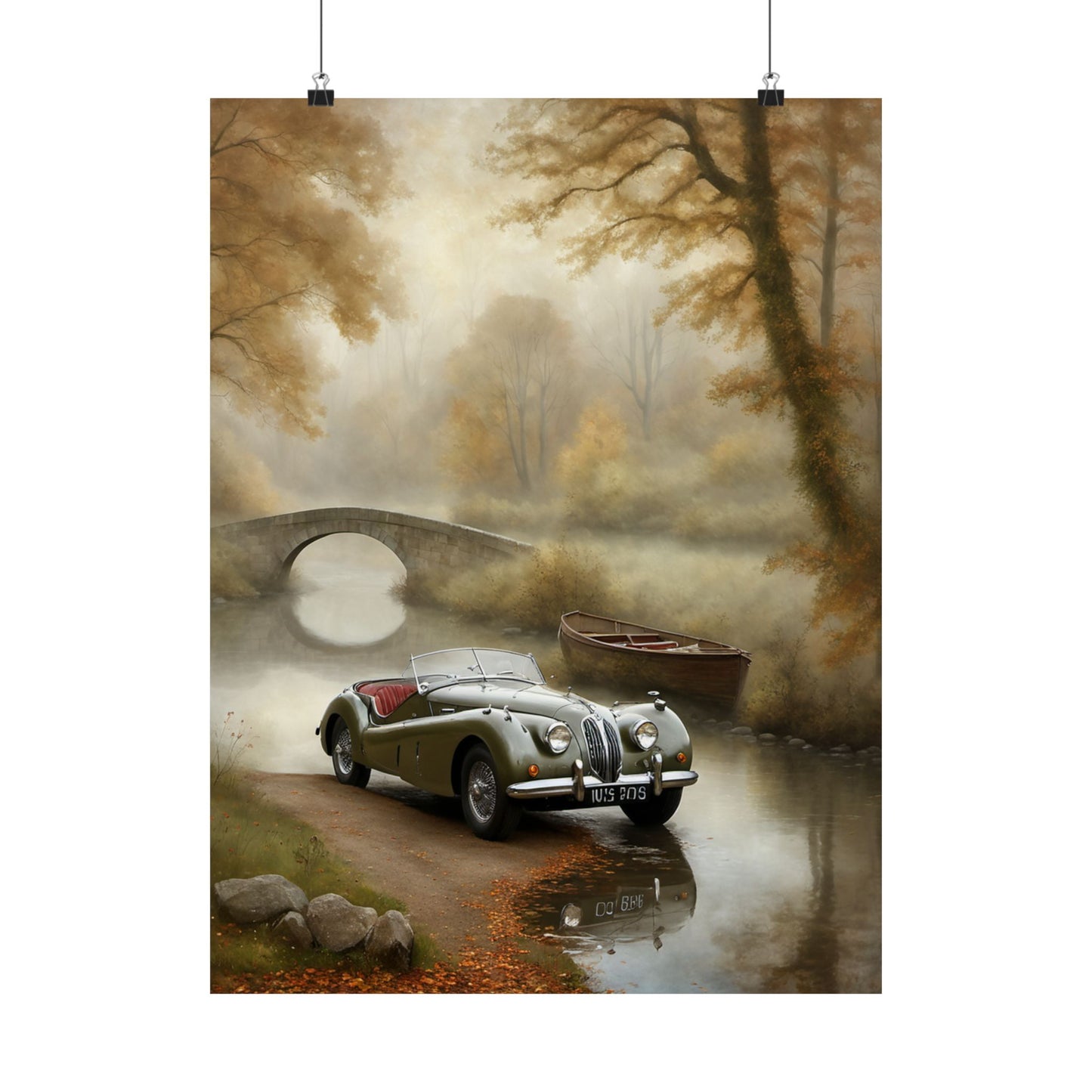 Vintage Car Landscape Poster featuring a classic car near a serene river and autumn foliage
