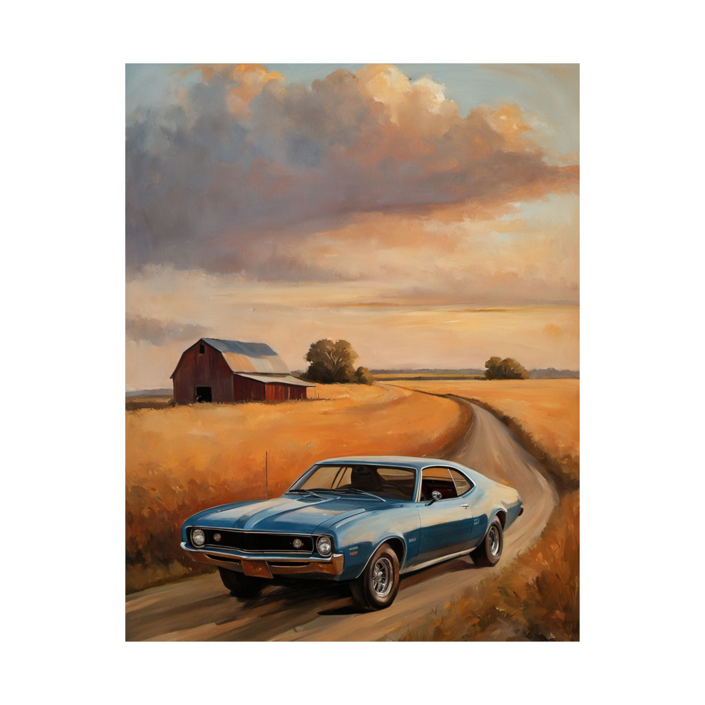 Vintage Car Landscape Poster featuring a classic blue car driving through a golden countryside