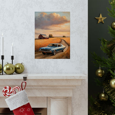 Vintage Car Landscape Poster featuring a classic car driving through a scenic rural road with a barn