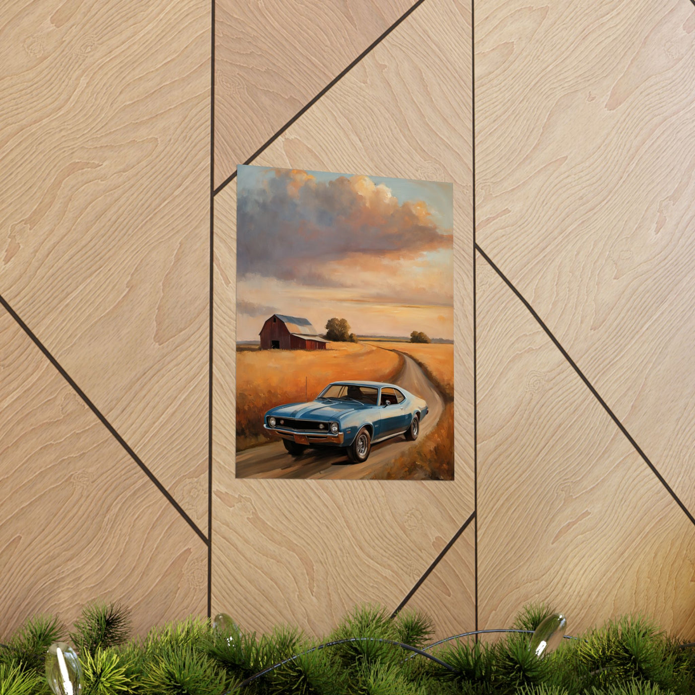 Vintage Car Landscape Poster featuring a classic car on a scenic rural road with a barn