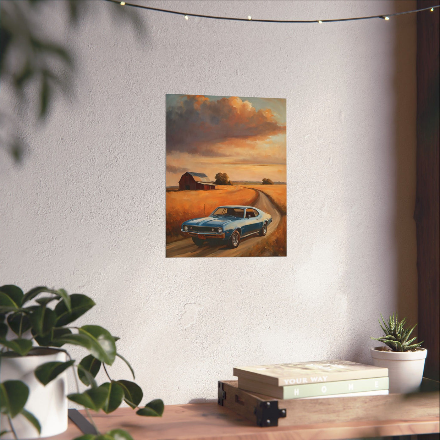 Vintage Car Landscape Poster featuring a blue classic car against a scenic farm background