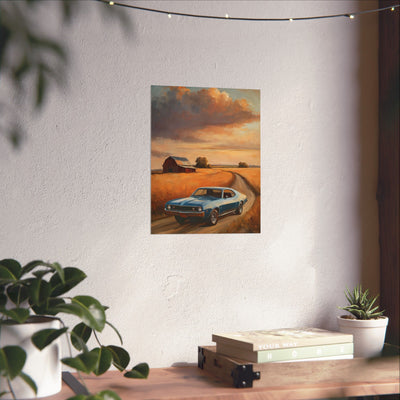 Vintage Car Landscape Poster featuring a blue classic car against a scenic farm background