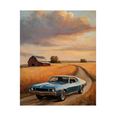 A vintage car driving along a picturesque landscape in a vintage car landscape poster