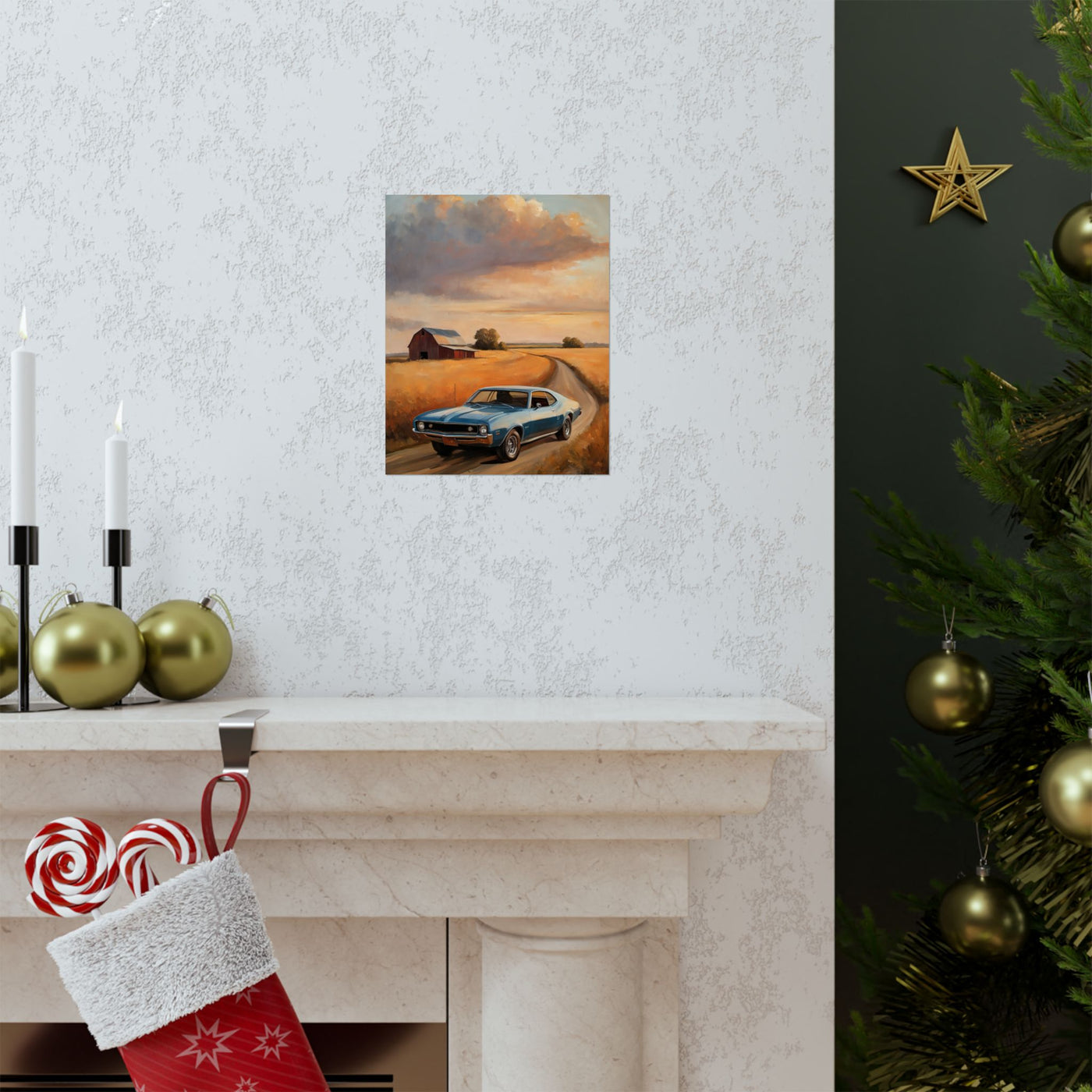 Vintage Car Landscape Poster featuring a classic car parked by a farm field with a sunset backdrop