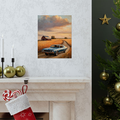 Vintage Car Landscape Poster featuring a classic car on a country road at sunset