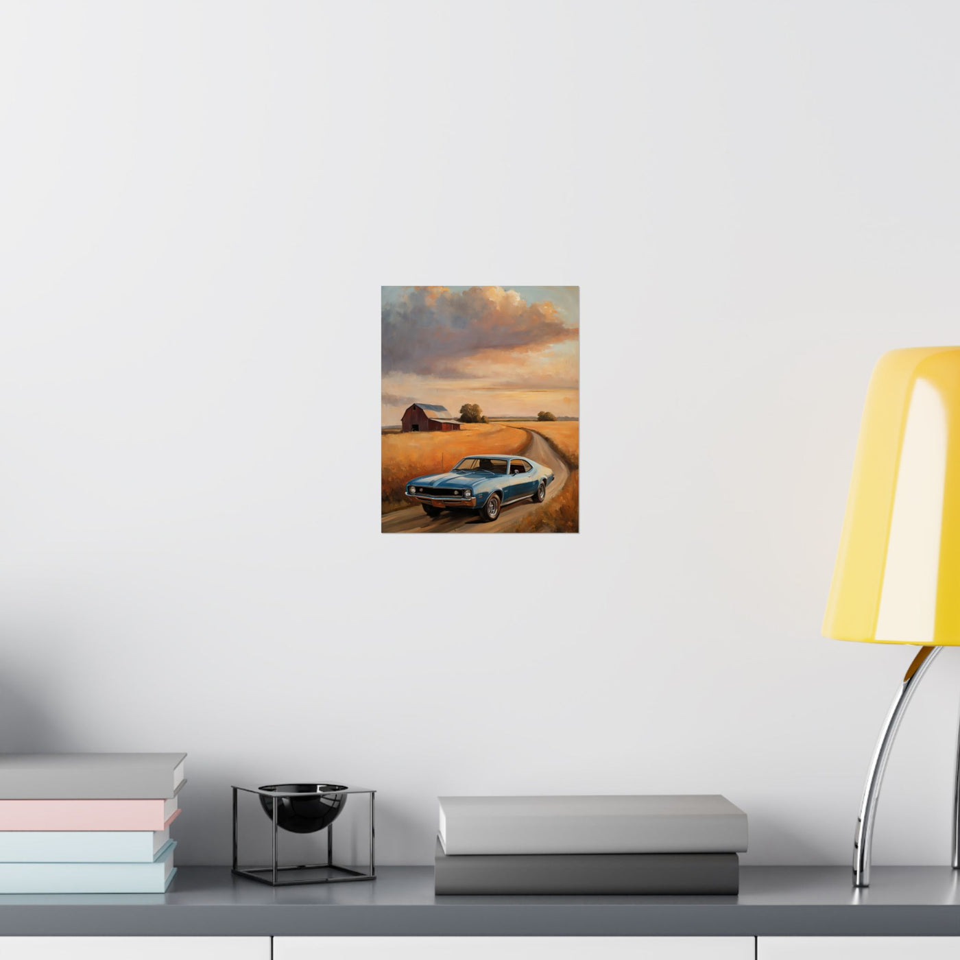 Vintage Car Landscape Poster featuring a classic car on a scenic road with golden fields