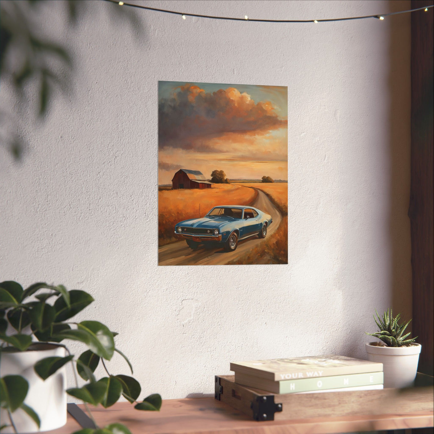 Vintage Car Landscape Poster featuring a classic blue car on a scenic rural road at sunset