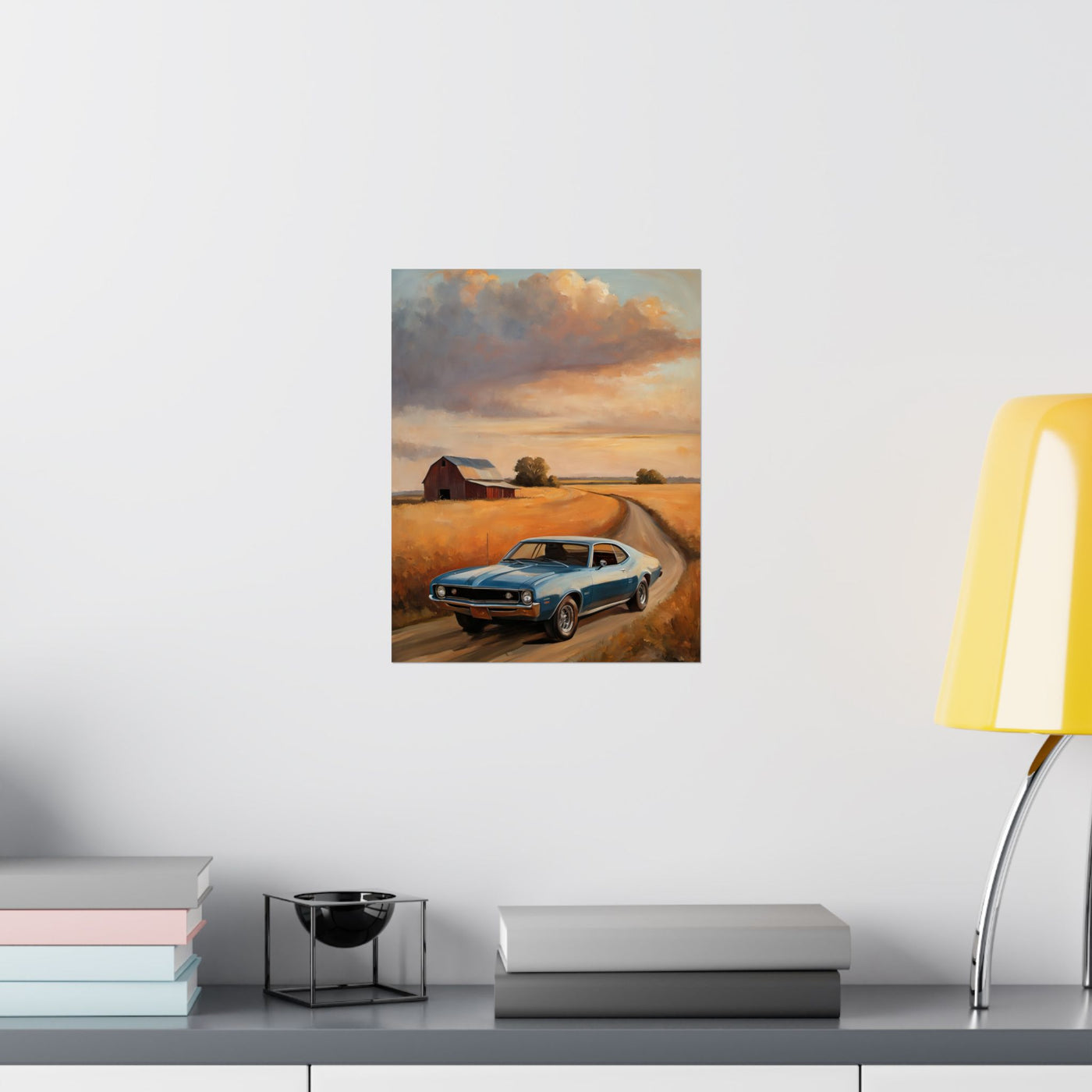 Vintage Car Landscape Poster featuring a classic car driving through a serene countryside scene