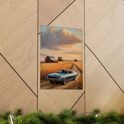 Vintage Car Landscape Poster featuring a blue classic car on a scenic country road