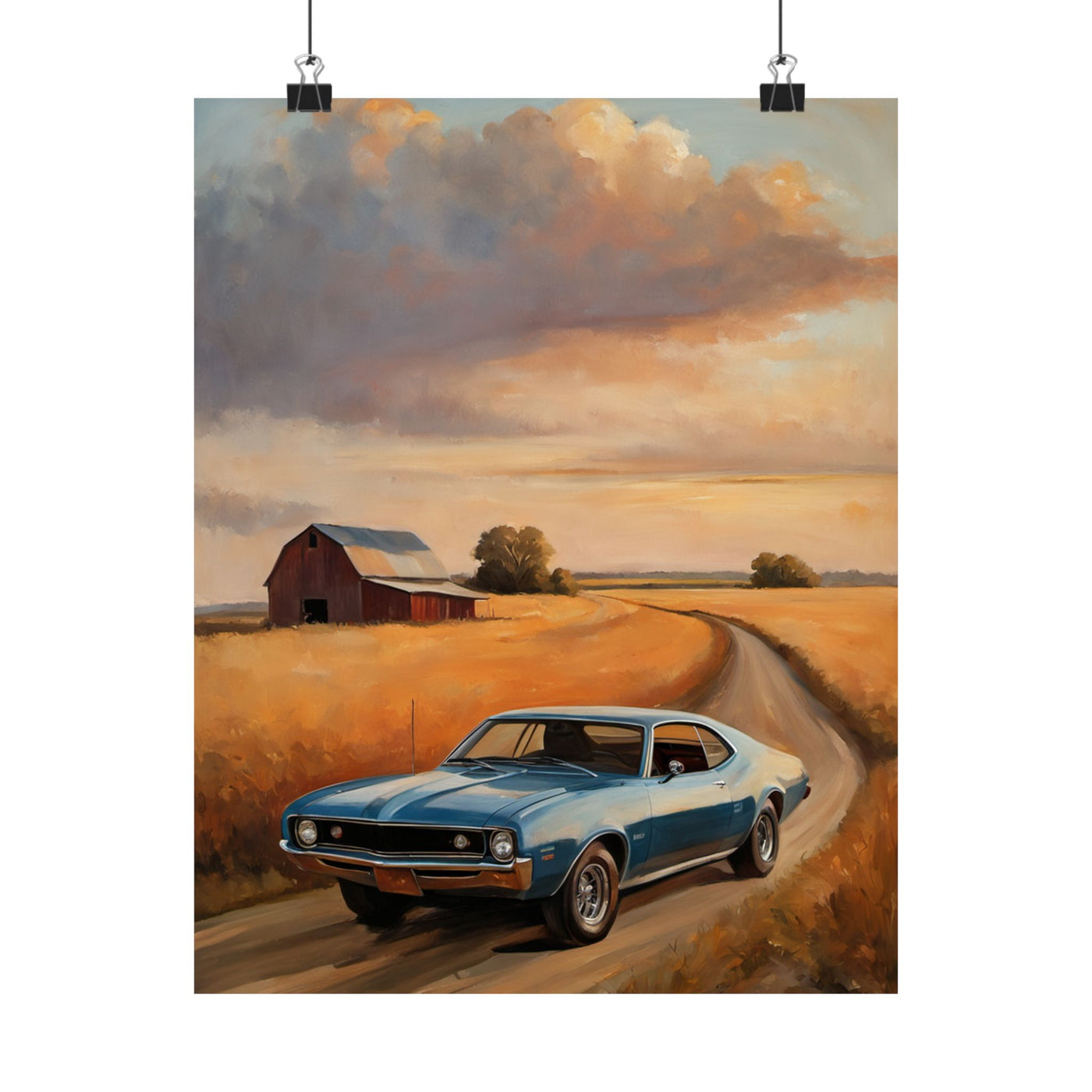 Vintage Car Landscape Poster featuring a classic blue car on a rural road with scenic fields and a barn