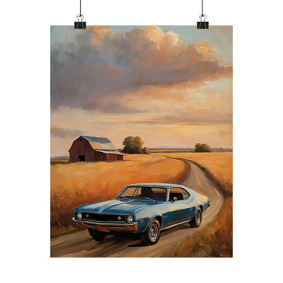 Vintage Car Landscape Poster featuring a classic blue car on a rural road with scenic fields and a barn