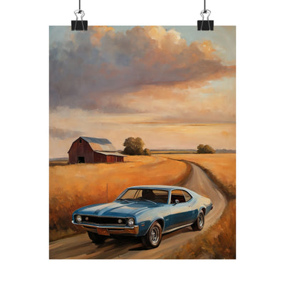Vintage Car Landscape Poster featuring a classic blue car driving through golden fields under a cloudy sky