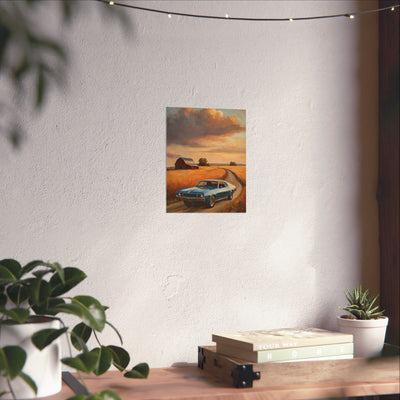 Vintage Car Landscape Poster featuring a classic car in a serene outdoor setting