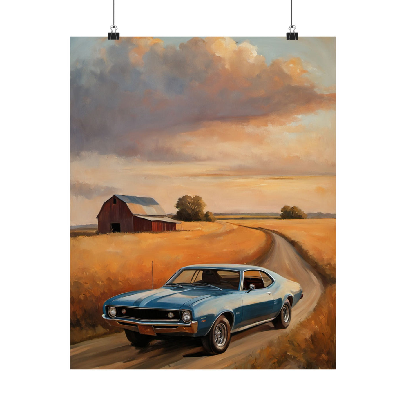 Vintage Car Landscape Poster featuring a classic car driving on a rural road with a sunset backdrop