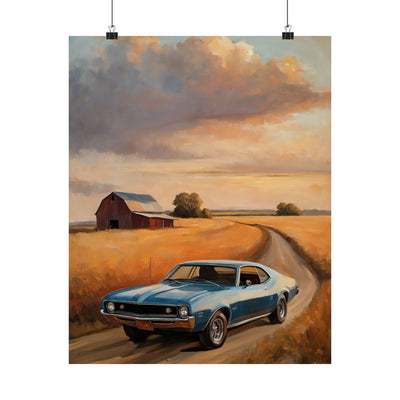 Vintage Car Landscape Poster featuring a classic car driving on a rural road with a sunset backdrop