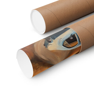 Vintage Car Landscape Poster rolled in eco-friendly packaging for art lovers