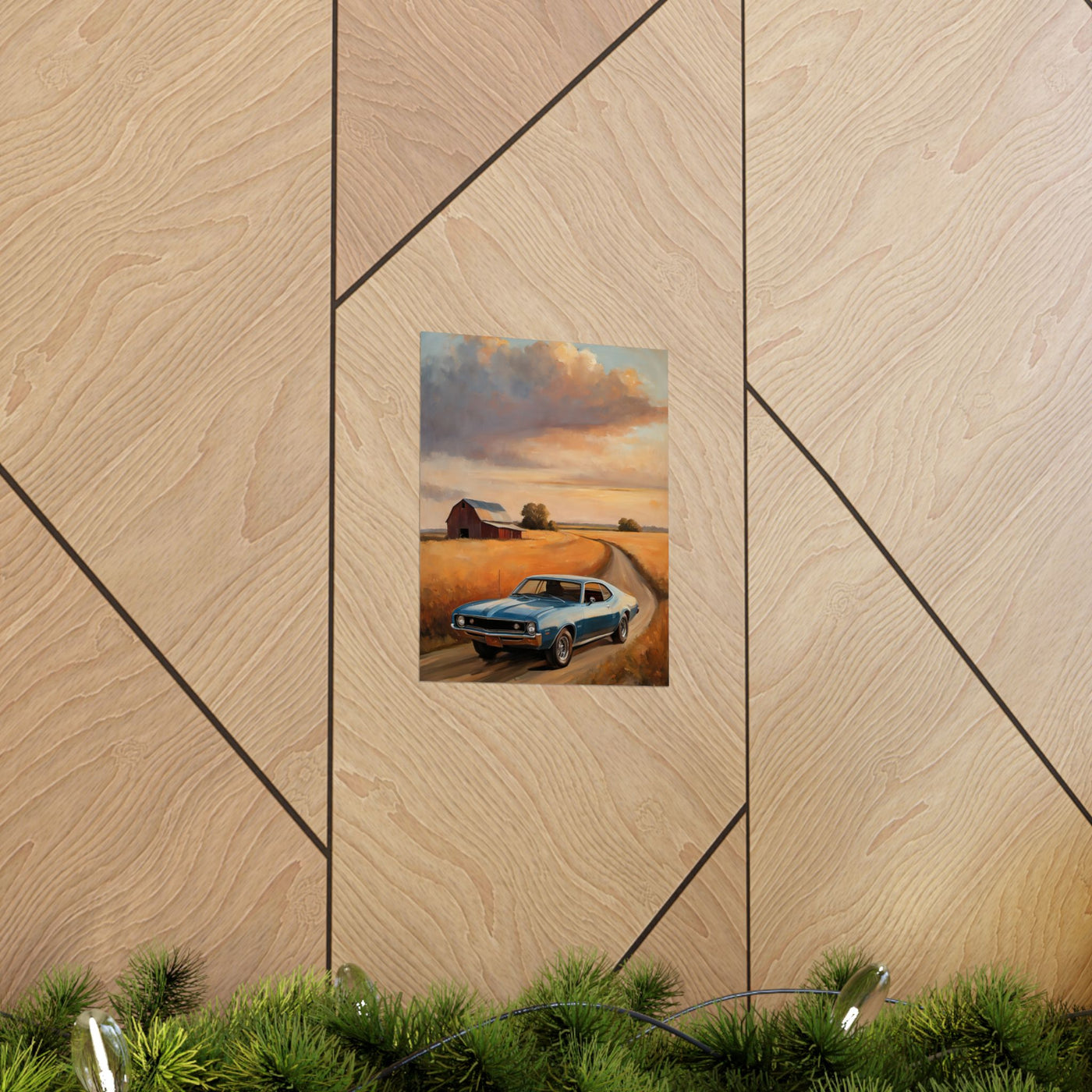 Vintage Car Landscape Poster featuring a classic blue car driving through a scenic countryside