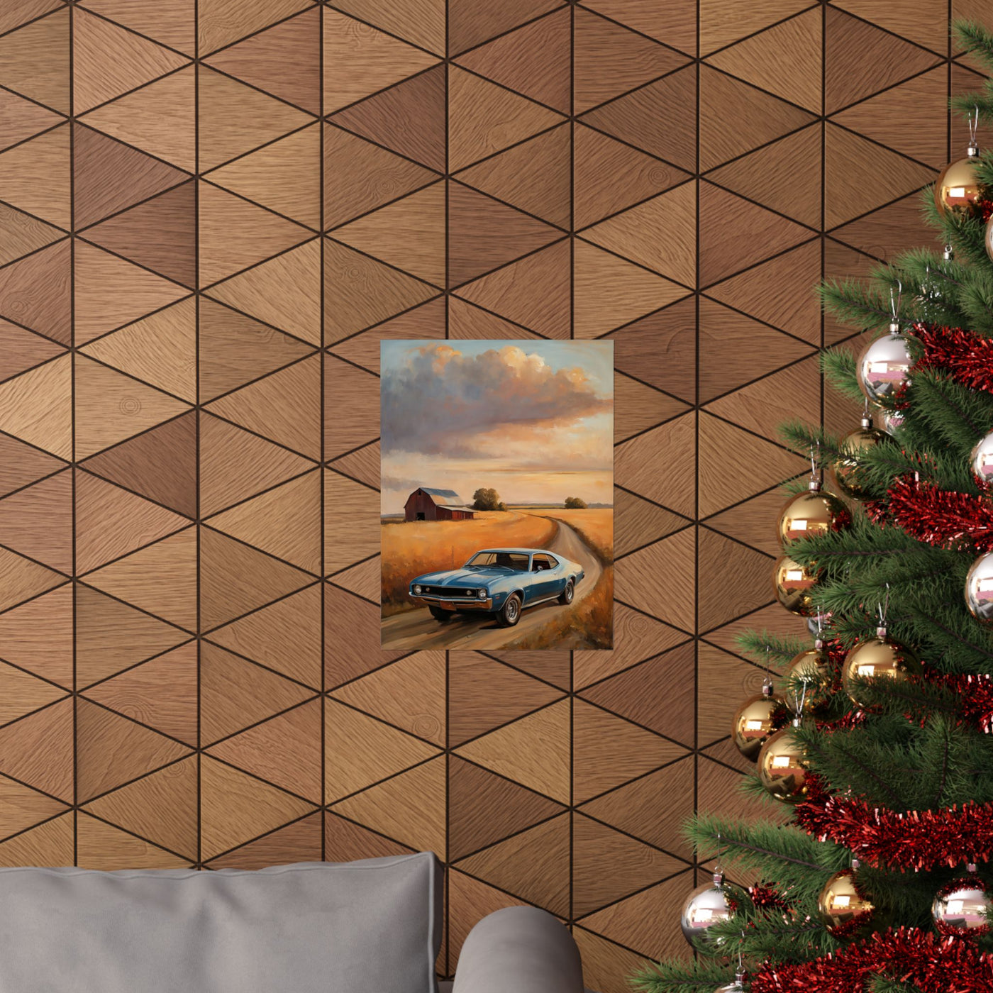 Vintage Car Landscape Poster displayed on a wooden wall above a cozy couch with Christmas decorations