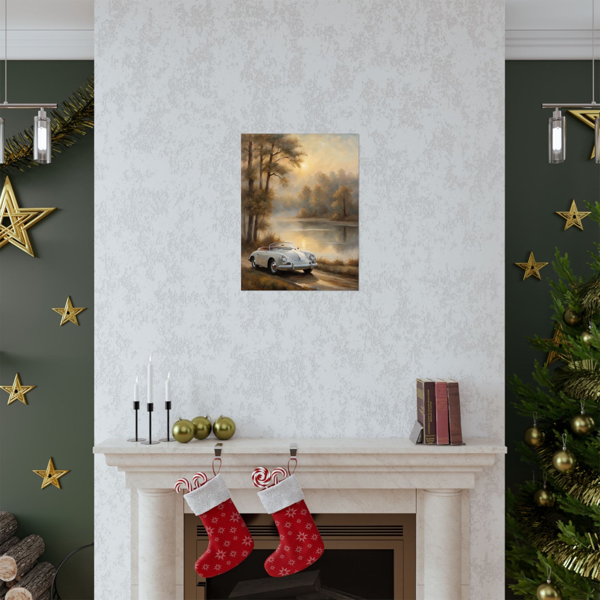 Vintage Car Landscape Poster hanging above a cozy fireplace in a festive room