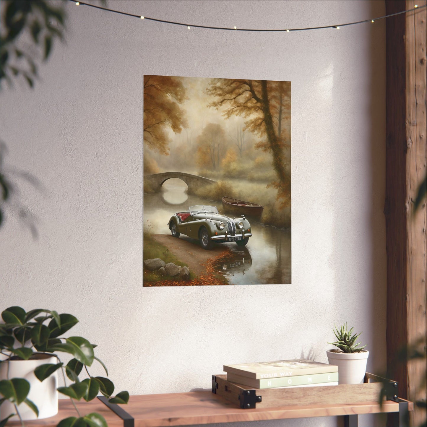 Vintage Car Landscape Poster featuring a classic car near a serene bridge and autumn scenery